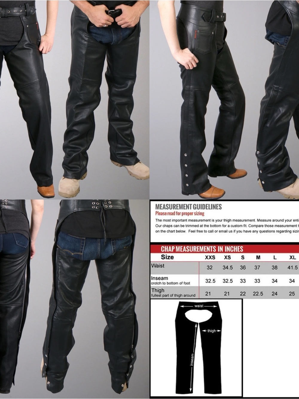 Hot Leathers Unisex CHM1005 Black Motorcycle Biker Fully Lined Leather Chaps XL - Picture 14 of 14